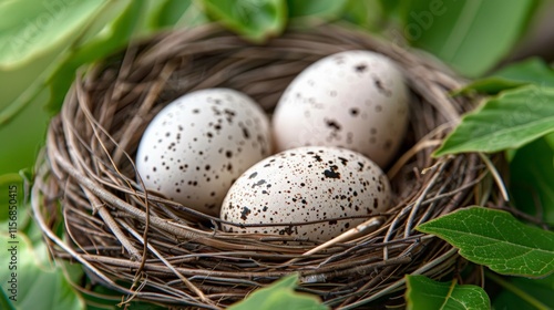 A close-up of a nest containing speckled eggs, surrounded by fresh green foliage, symbolizing new life.