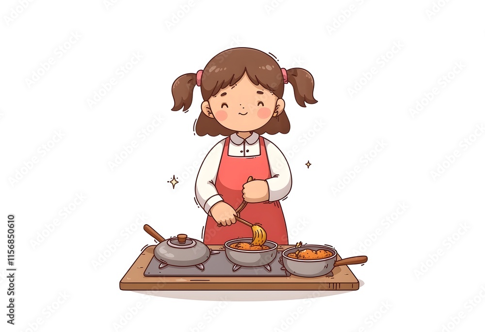 Happy Girl Cooking Food Pots Stovetop Kitchen Cartoon Illustration Happy Girl Cooking Food Pots Stovetop Kitchen Cartoon Illustration