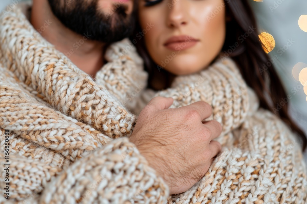A close-up of a couple wrapped in a cozy knitted blanket, highlighting warmth, intimacy, and the soft textures of the fabric. A close-up of a couple wrapped in a cozy knitted blanket, highlighting warmth, intimacy, and the soft textures of the fabric.