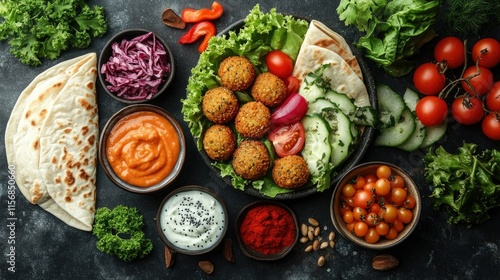 Delicious falafel with fresh vegetables, pita bread, and various sauces. photo