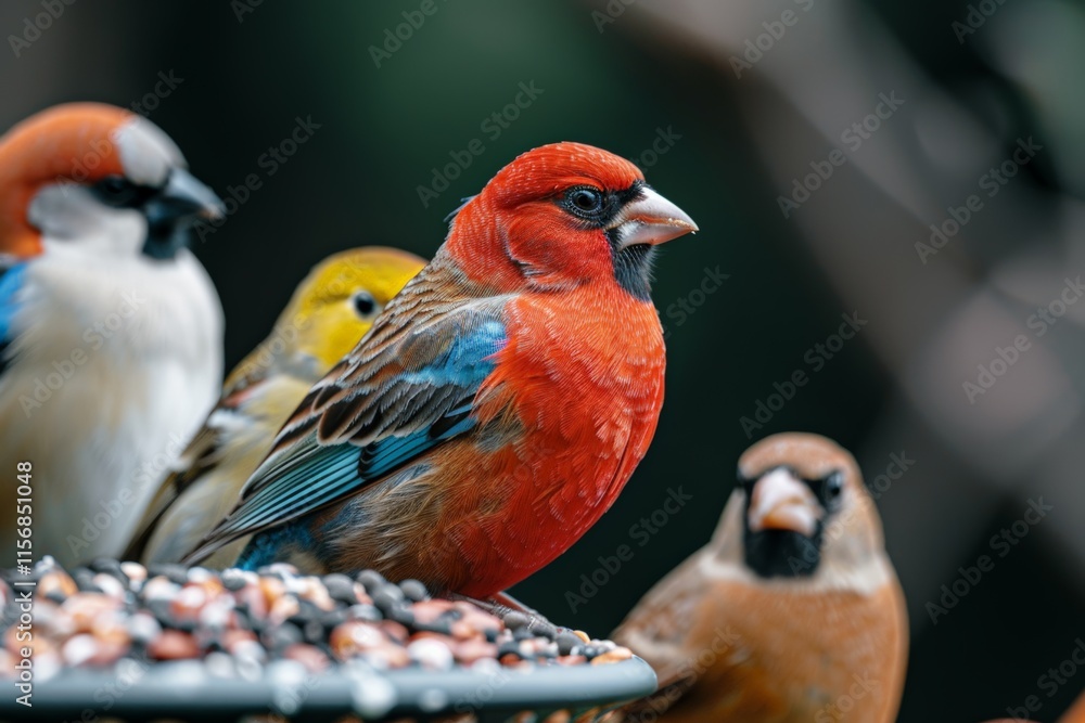 A group of vibrant birds sharing seeds on a feeder, showcasing their unique colors and patterns. A group of vibrant birds sharing seeds on a feeder, showcasing their unique colors and patterns.