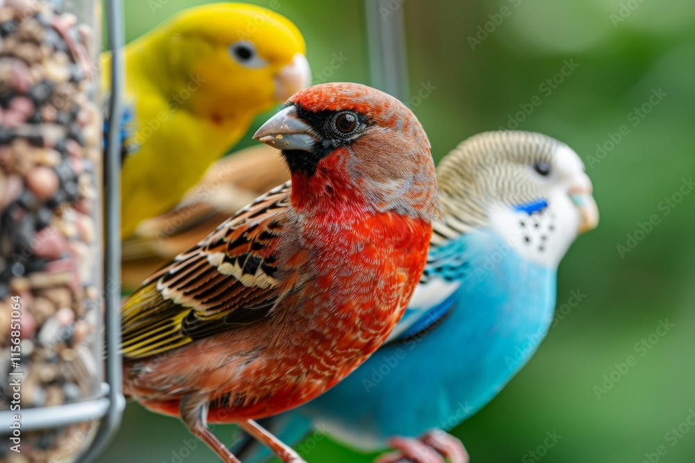 Fototapeta premium A group of vibrant birds sharing seeds on a feeder, showcasing their unique colors and patterns.