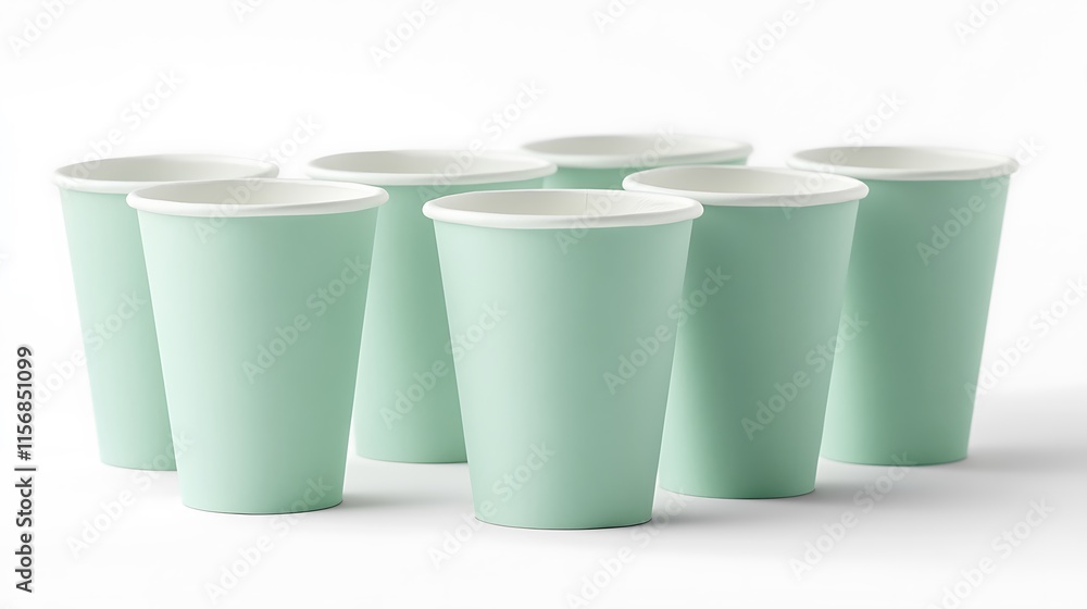 custom made wallpaper toronto digitalClose-up Photo: Eight Pastel Green Paper Cups Elegantly Arranged on Bright Background. AI Generated