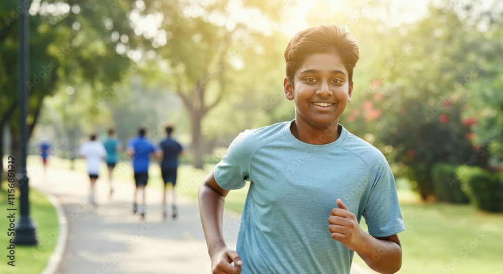 Energetic young asian boy enjoying a jog in a sunlit park setting Energetic young asian boy enjoying a jog in a sunlit park setting