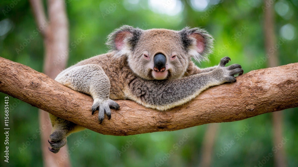 Fototapeta premium A happy koala grips a tree trunk with a cheerful look and extended paws, ideal for wildlife, nature-themed projects, and conservation campaigns.