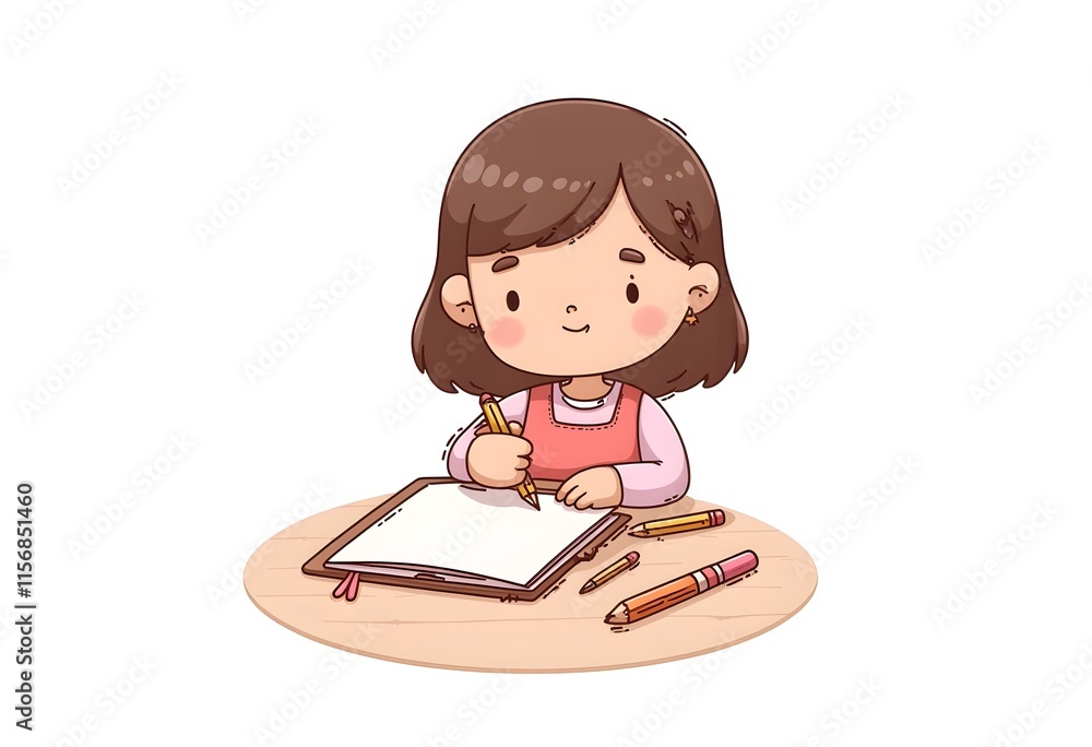Cute Girl Drawing Notebook Pencils Colorful Style Illustration Cute Girl Drawing Notebook Pencils Colorful Style Illustration