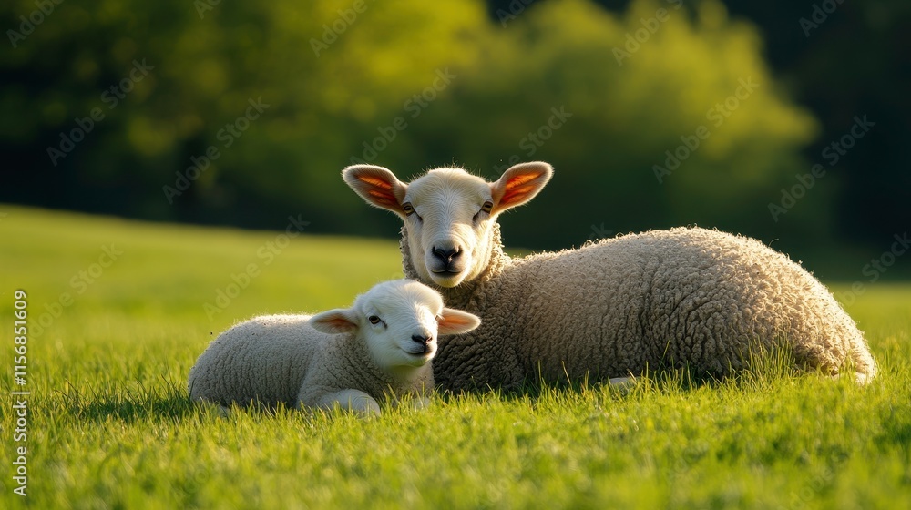 Soft and Fluffy Sheep in a Lush Green Field with Bright Sunlight, Portraying the Serenity and Beauty of Nature in Peaceful Pastoral Setting Soft and Fluffy Sheep in a Lush Green Field with Bright Sunlight, Portraying the Serenity and Beauty of Nature in Peaceful Pastoral Setting