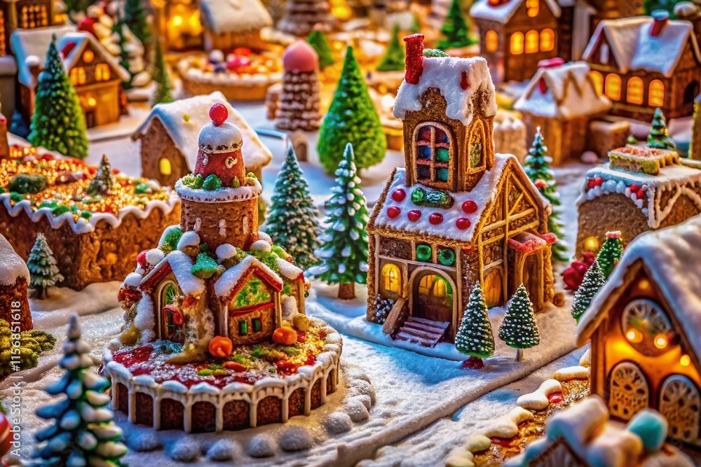Naklejka premium Aerial View of Whimsical Gingerbread City, Sweet Treats & Chocolate Architecture, Drone Photography