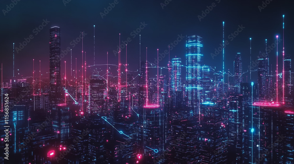 Fototapeta premium Smart digital Innovation city with connection network reciprocity over the cityscape. of future smart wireless city and social media networking systems that connects business people with in city