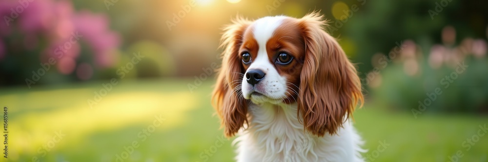 A Cavalier King Charles Spaniel gazes into the distance during golden hour its fur gleaming in the soft light of a peaceful garden setting A Cavalier King Charles Spaniel gazes into the distance during golden hour its fur gleaming in the soft light of a peaceful garden setting