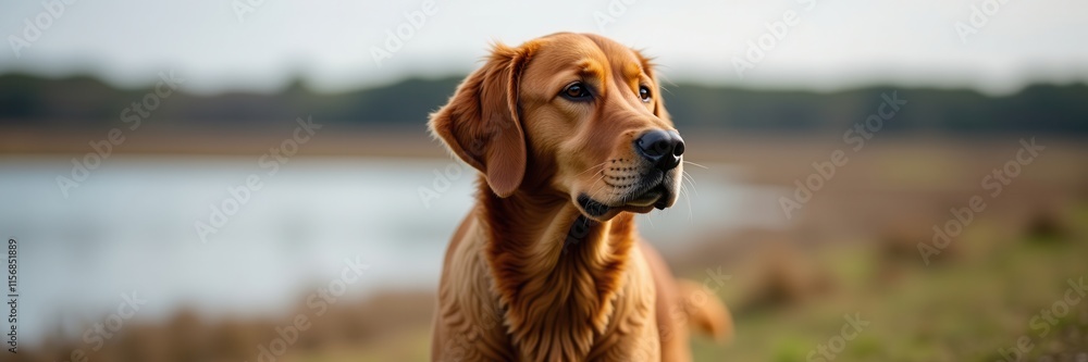 Chesapeake Bay Retriever with a thoughtful gaze at a lakeside setting looking like he is ready for the hunt Chesapeake Bay Retriever with a thoughtful gaze at a lakeside setting looking like he is ready for the hunt