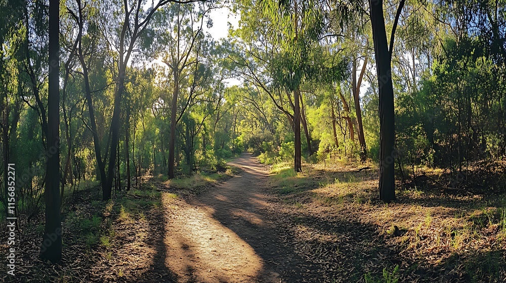 Fototapeta premium Sunlit Path Winding Through Lush Green Woodland: Wide Shot Photo. AI Generated