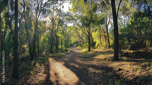 Wallpaper Mural Sunlit Path Winding Through Lush Green Woodland: Wide Shot Photo. AI Generated Torontodigital.ca