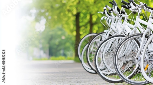 Black and white rental bicycles were arranged in a city parking lot, ready for eco-conscious and healthy urban commuting.