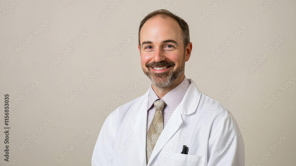 A smiling doctor in a white coat against a light beige background, exuding warmth and professionalism. The image conveys trust and care, ideal for healthcare and medical-related themes. A smiling doctor in a white coat against a light beige background, exuding warmth and professionalism. The image conveys trust and care, ideal for healthcare and medical-related themes.