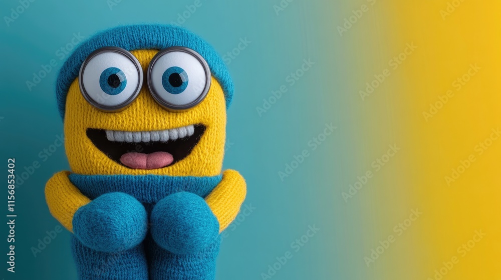 Fototapeta premium Cheerful knitted character in winter outfit against teal and yellow background.