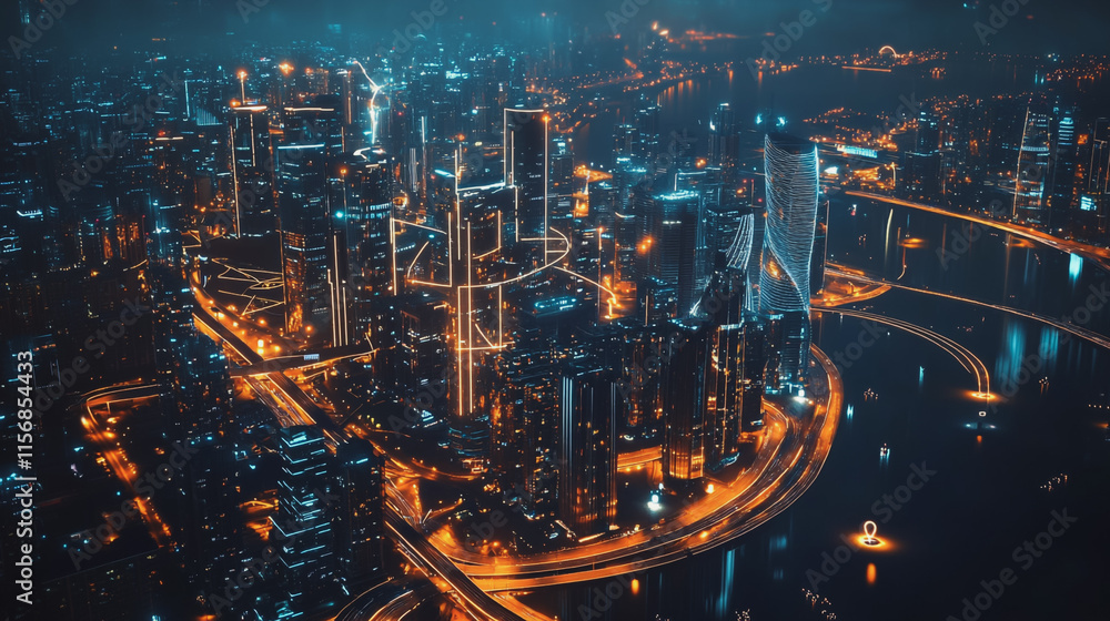 Fototapeta premium Smart digital Innovation city with connection network reciprocity over the cityscape. of future smart wireless city and social media networking systems that connects business people with in city