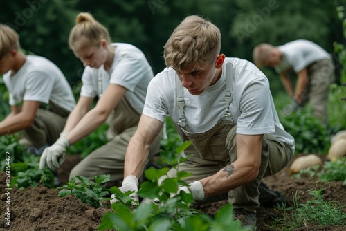 National Youth Day.A team of young individuals planting greenery in an outdoor garden, focusing on environmental sustainability.