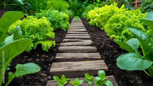 Lush Green Vegetable Garden with Wooden Pathway and Fresh Greens photo