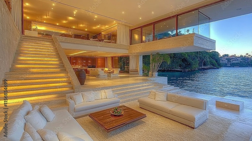 Fototapeta premium Elegant waterfront villa, with stairs and living area at dusk.