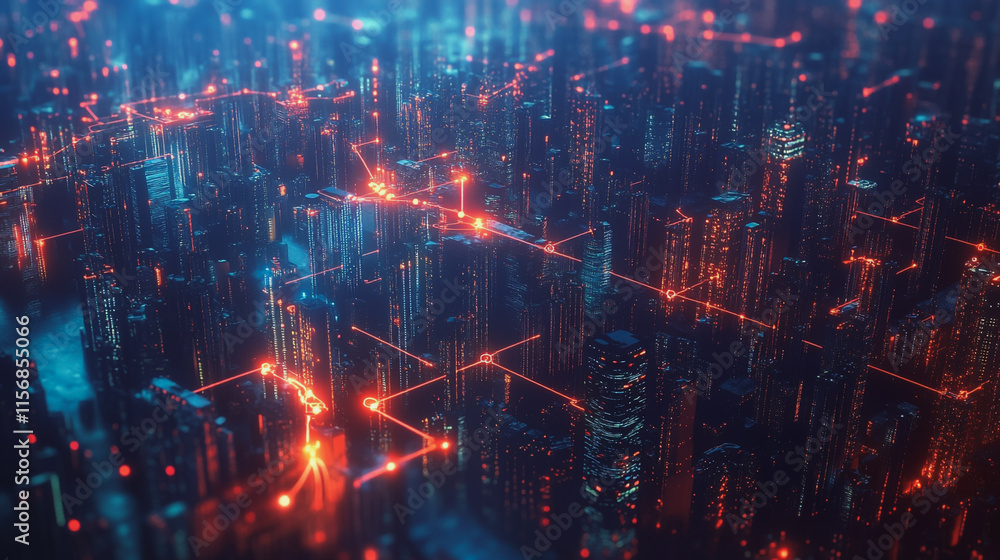 Obraz premium Smart digital Innovation city with connection network reciprocity over the cityscape. of future smart wireless city and social media networking systems that connects business people with in city
