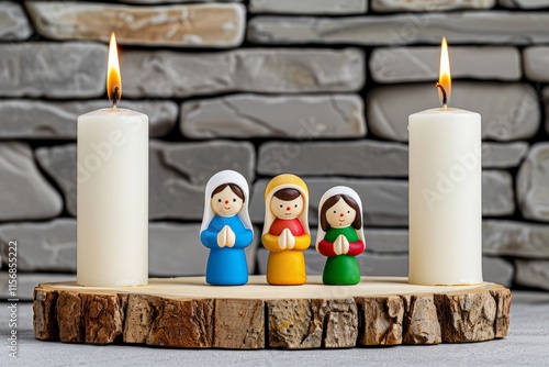 Orthodox Christmas Day.Minimalist wooden nativity set displayed with lit candles in a cozy indoor setting. photo