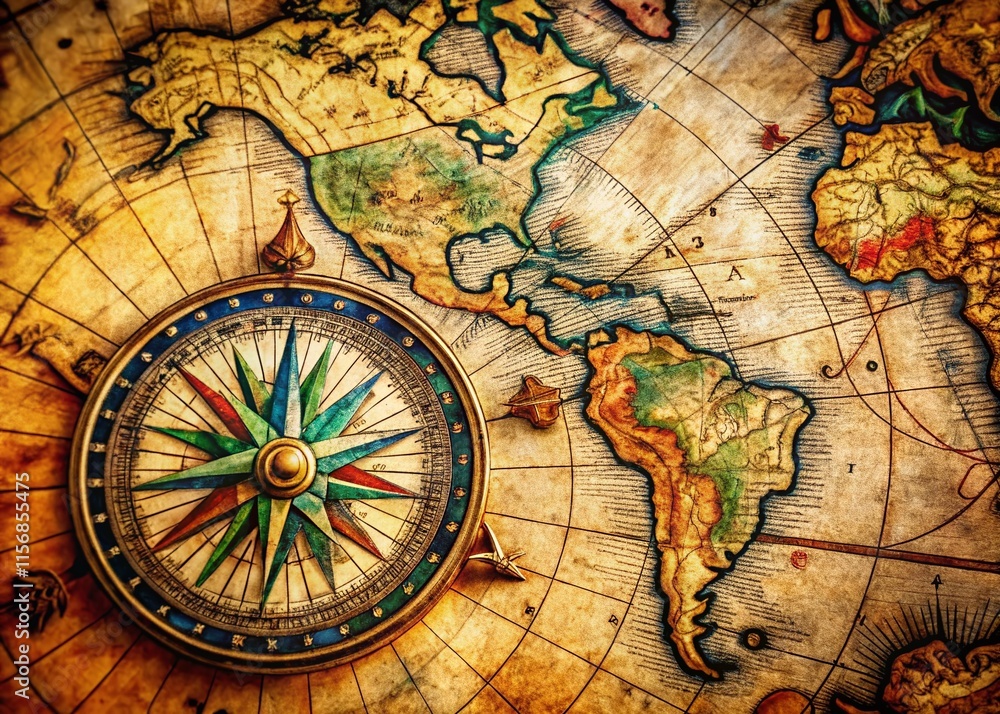 Fototapeta premium Antique Nautical Chart with Compass Rose: Weathered Paper, Filigree Details, Maritime Navigation