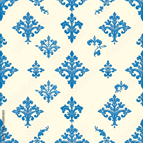 Blue and White Damask Floral Seamless Pattern: An elegant and timeless design featuring a delicate blue floral pattern on a white background.