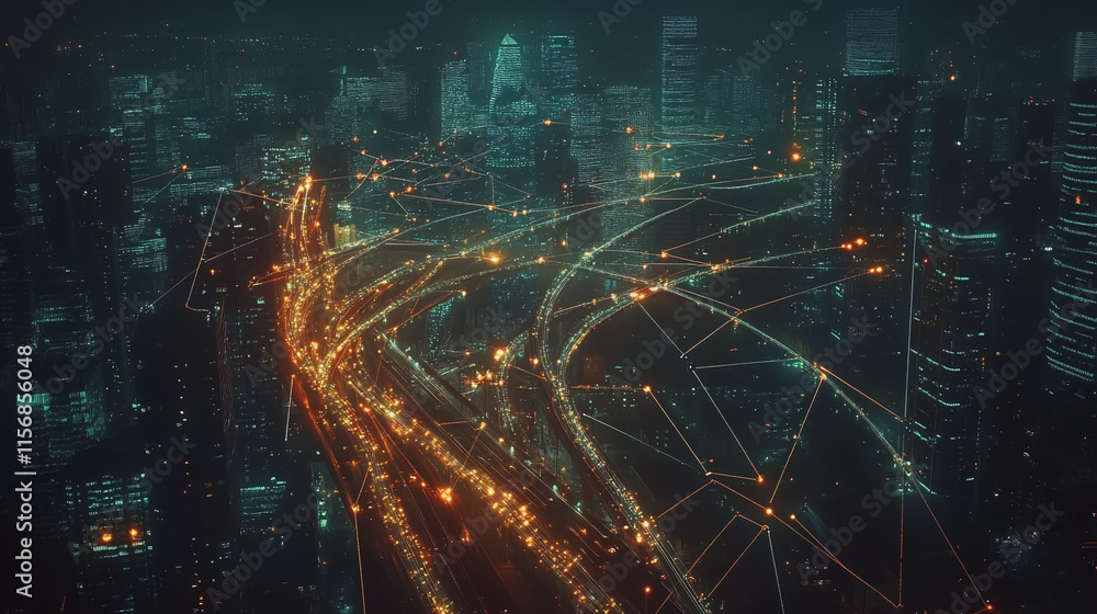 Obraz premium Smart digital Innovation city with connection network reciprocity over the cityscape. of future smart wireless city and social media networking systems that connects business people with in city