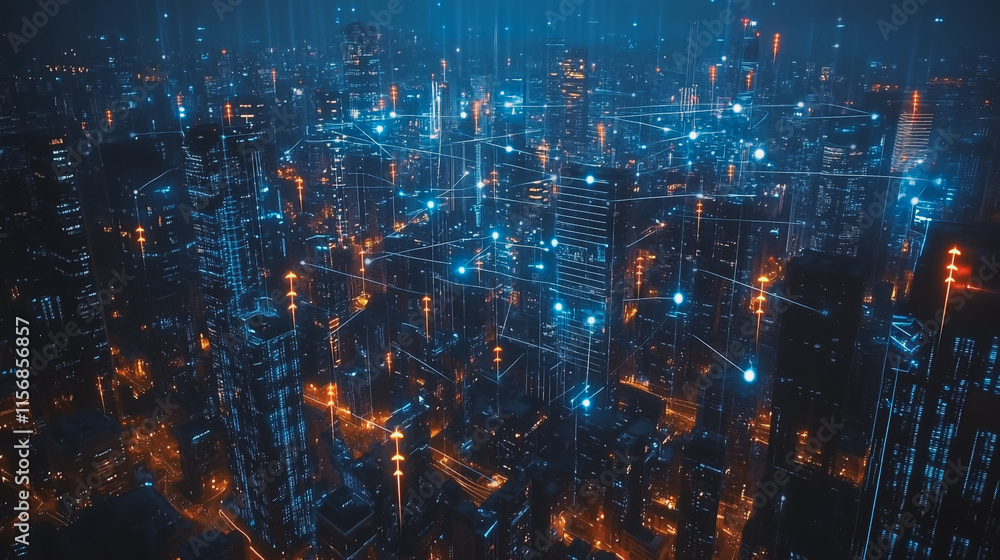 Smart digital Innovation city with connection network reciprocity over the cityscape. of future smart wireless city and social media networking systems that connects business people with in city Smart digital Innovation city with connection network reciprocity over the cityscape. of future smart wireless city and social media networking systems that connects business people with in city