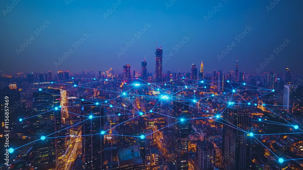 Smart digital Innovation city with connection network reciprocity over the cityscape. of future smart wireless city and social media networking systems that connects business people with in city Smart digital Innovation city with connection network reciprocity over the cityscape. of future smart wireless city and social media networking systems that connects business people with in city