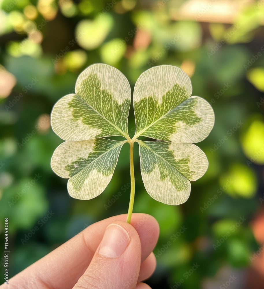 A Close-Up of a Unique Four-Leaf Clover with Distinctive Green Patterns Held in a Hand, Surrounded by Lush Greenery in a Beautiful Natural Setting A Close-Up of a Unique Four-Leaf Clover with Distinctive Green Patterns Held in a Hand, Surrounded by Lush Greenery in a Beautiful Natural Setting