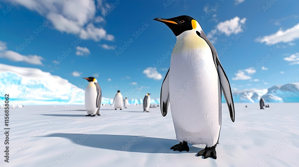 Obraz premium Emperor Penguin Standing on Snowy Landscape with Icebergs in Background