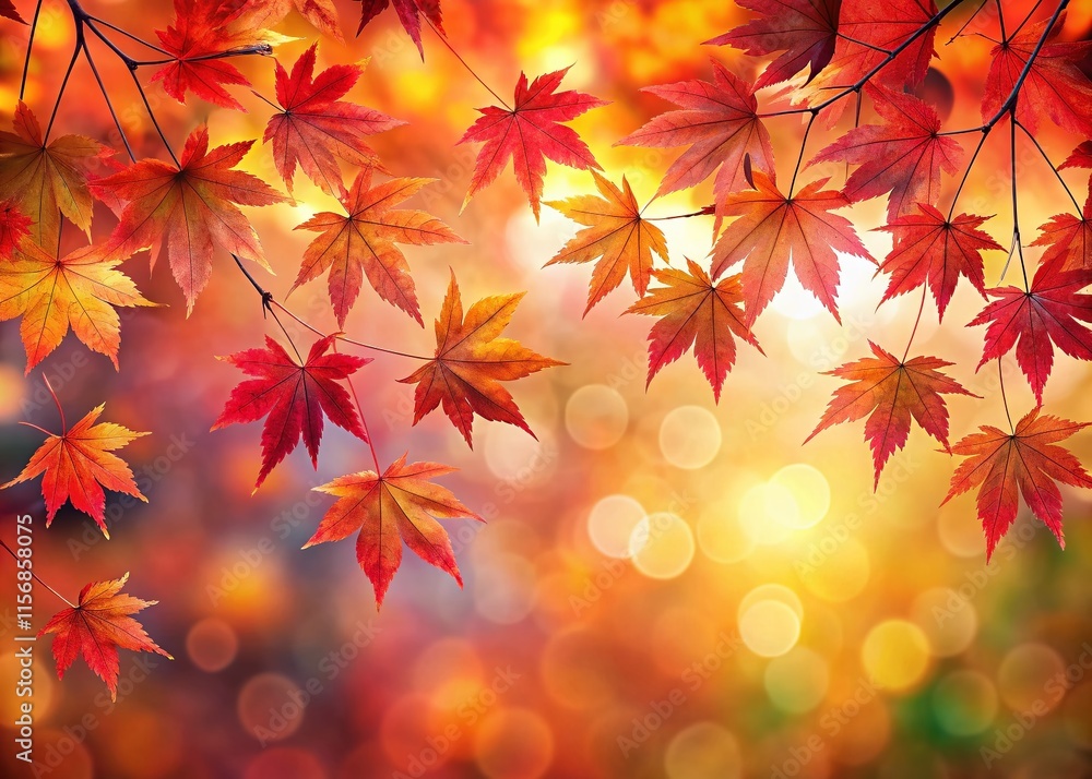 Autumn Panorama: Red Maple Leaves Bokeh Background - Fall Foliage Stock Photo