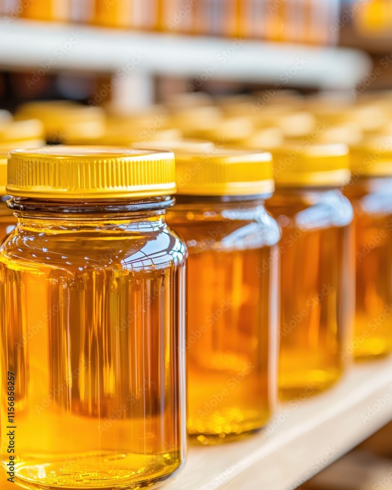 Honey bottling process factory product photography industrial setting Honey bottling process factory product photography industrial setting