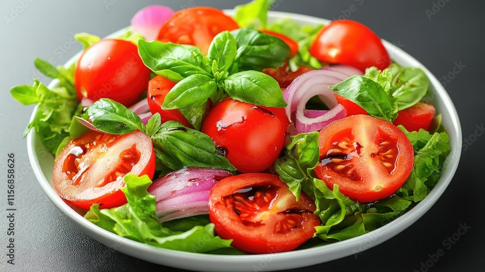 Fresh tomato, basil, and red onion salad in a white bowl. Fresh tomato, basil, and red onion salad in a white bowl.