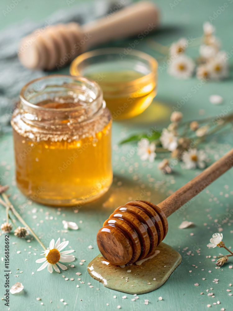 Delicious honey in jar with wooden dipper, surrounded by flowers and bowl of honey. serene and natural setting evokes sweetness Delicious honey in jar with wooden dipper, surrounded by flowers and bowl of honey. serene and natural setting evokes sweetness