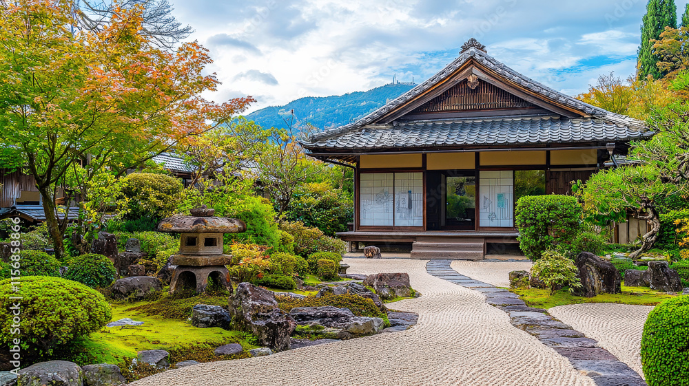 Traditional Japanese ryokan: tatami mats, sliding doors, elegant interior, tranquil gardens. Serene, authentic. Traditional Japanese ryokan: tatami mats, sliding doors, elegant interior, tranquil gardens. Serene, authentic.