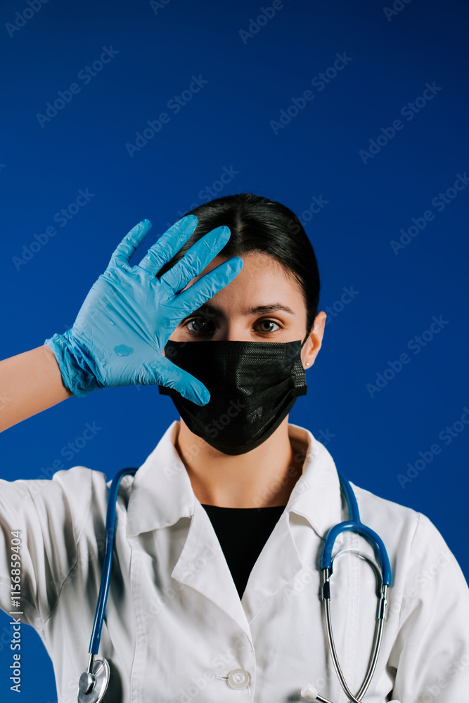 Female doctor in a black mask and blue gloves posing on a blue background.Portrait of a female doctor.Covid.Pandemic.Vaccination.Medicine concept Female doctor in a black mask and blue gloves posing on a blue background.Portrait of a female doctor.Covid.Pandemic.Vaccination.Medicine concept