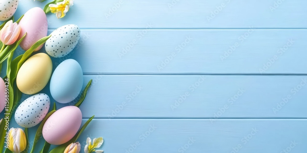 This vibrant scene features decorative Easter eggs and tulips against a blue wooden background, capturing the essence of spring and the joy of Easter festivities that unite families This vibrant scene features decorative Easter eggs and tulips against a blue wooden background, capturing the essence of spring and the joy of Easter festivities that unite families