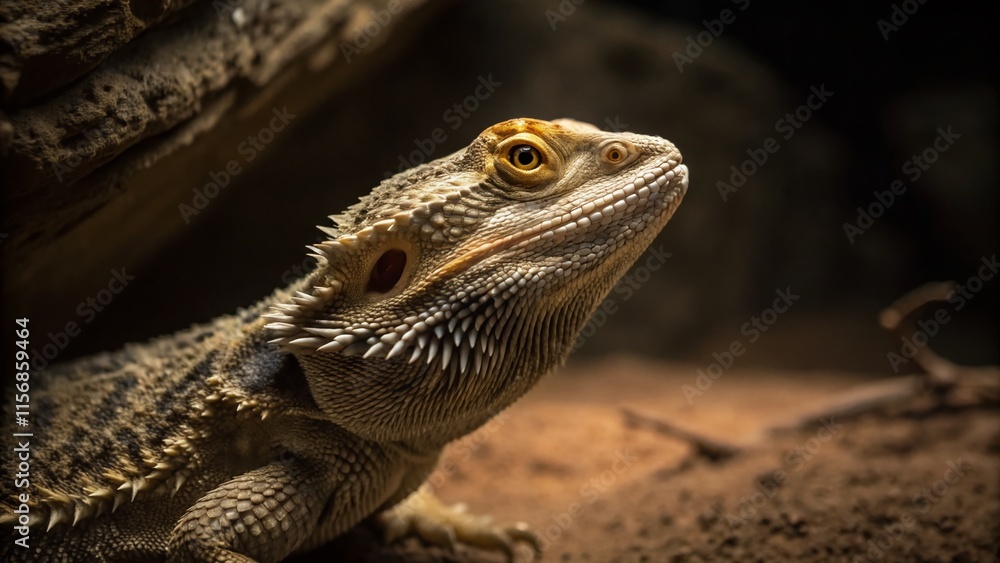 Fototapeta premium Bearded Dragon Lizard in Low Light, Nighttime Reptile Portrait, Close-Up