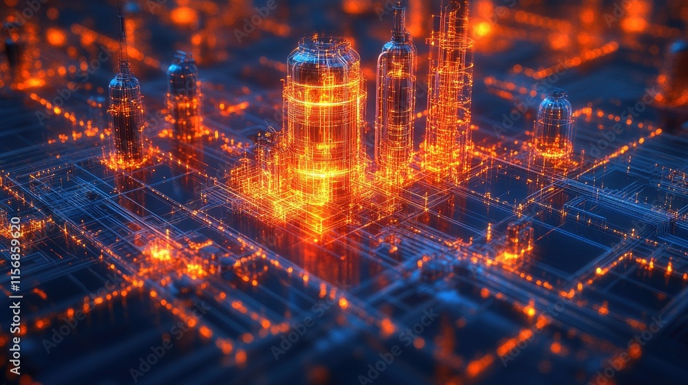 Fototapeta premium Futuristic city glowing with orange and blue light, intricate network of circuits.
