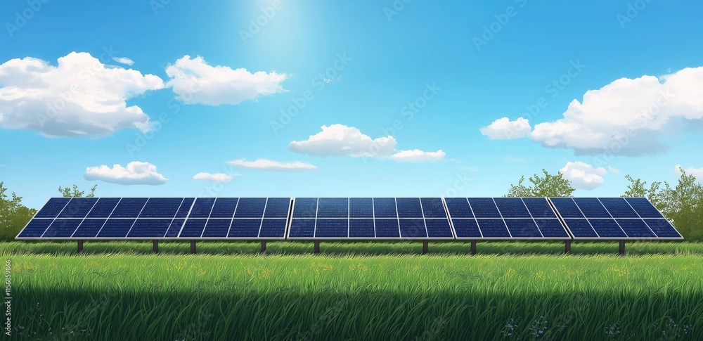 Solar Panel Array in Green Field Under Blue Sky Solar Panel Array in Green Field Under Blue Sky