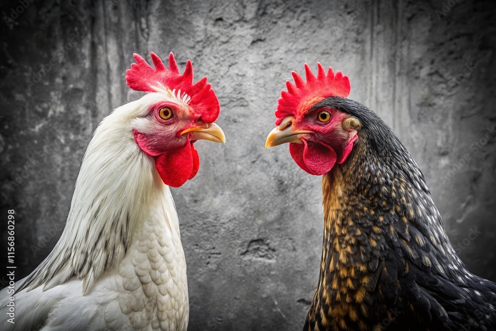 Fototapeta premium Black and White Chickens Facing Off: Candid Black and White Poultry Photography