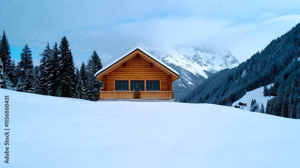 Cozy Wooden Cabin Surrounded by Snowy Mountains and Pine Trees Cozy Wooden Cabin Surrounded by Snowy Mountains and Pine Trees