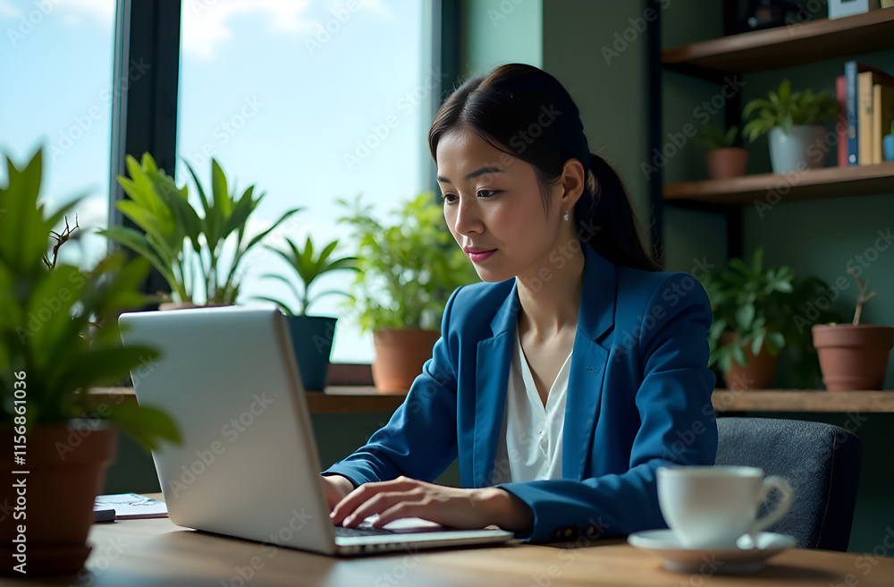 A Focused Professional Efficiently Working on a Laptop Within a Modern and Stylish Workspace