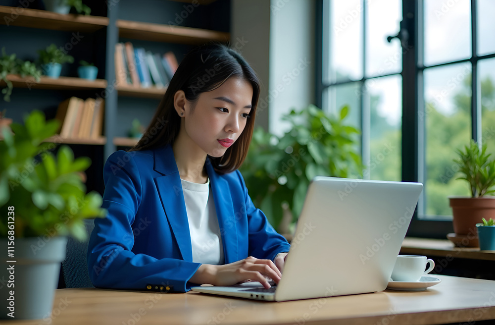 A Focused Professional Efficiently Working on a Laptop Within a Modern and Stylish Workspace