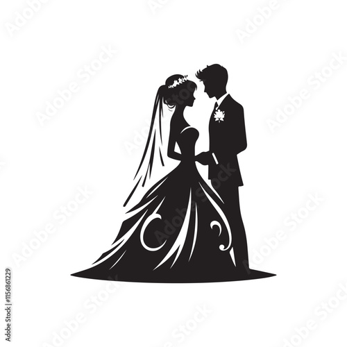 Black Color wedding couple silhouette design Vector Illustration, Solid White Background 4.eps
