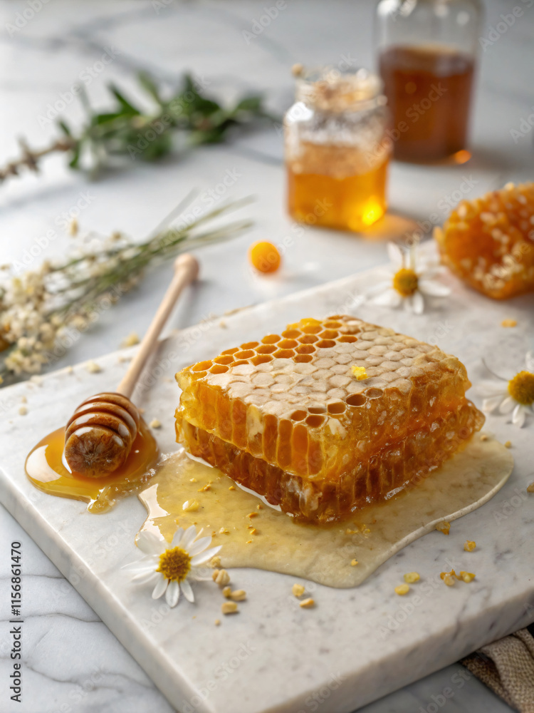 Delicious honeycomb on marble surface, surrounded by flowers and honey jars, evokes sweet, natural ambiance
