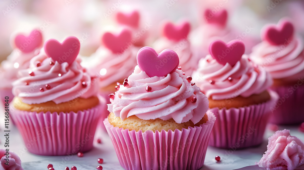 Pink Cupcakes with Love Heart Decorations. Delicious Valentine’s Day Background. Pink Cupcakes with Love Heart Decorations. Delicious Valentine’s Day Background.